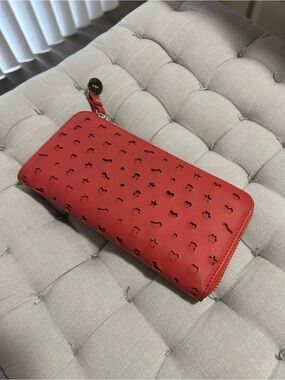 Tous Red Laser-Cut Zip Wallet with Gold Accent